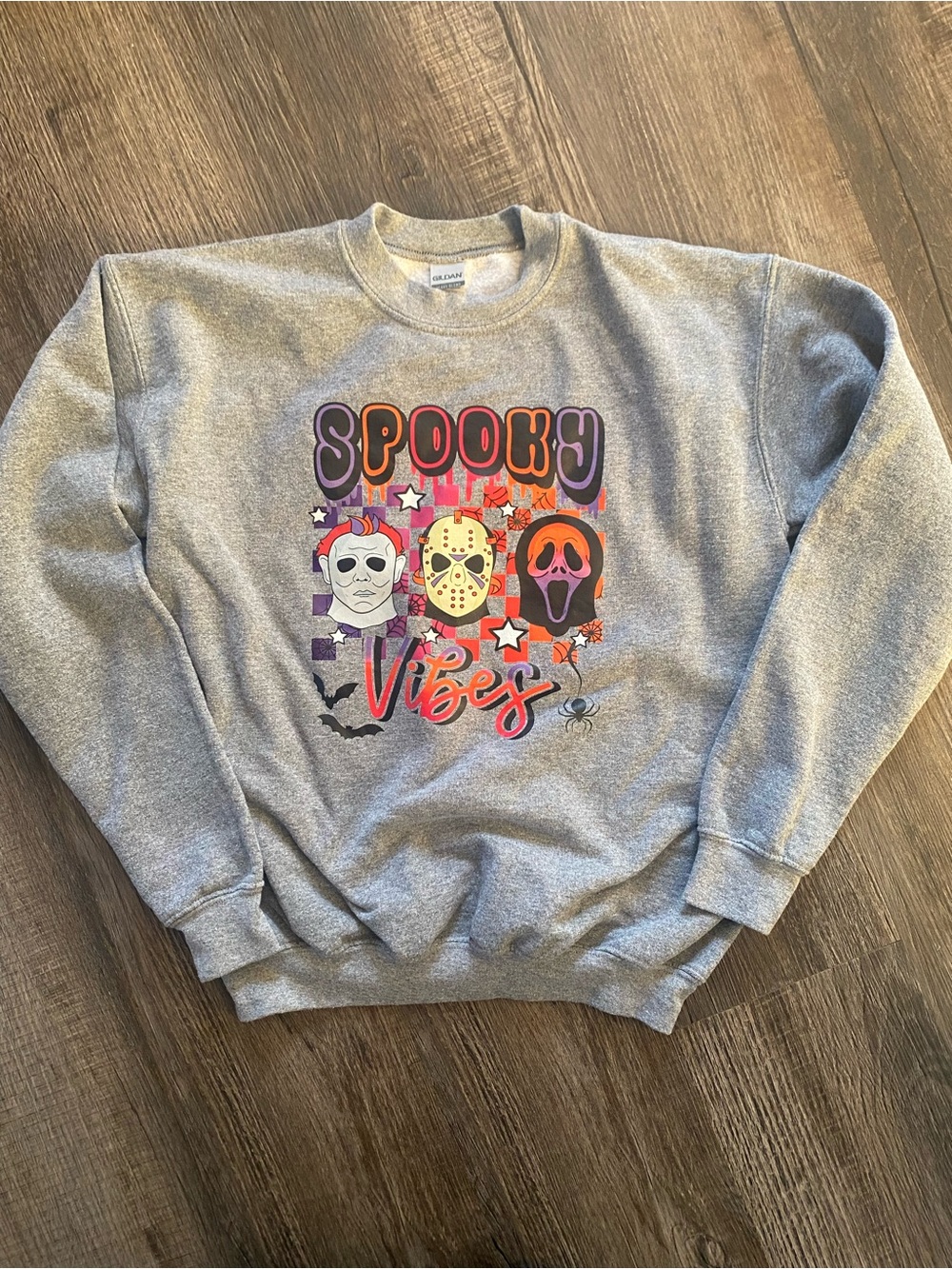 Gildan Grey Crewneck Sweatshirt with Spooky Vibes Halloween Graphic